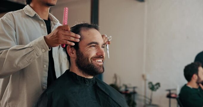 Man, scissors and talk at barbershop with results, happy and transformation with hairstyle at small business. People, barber and client with customer experience, tools or smile with trim at salon