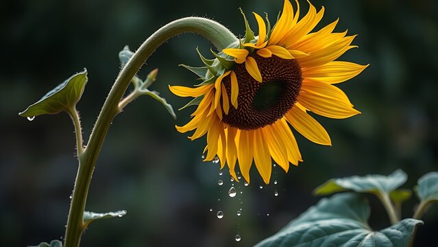 laurate. Sunflower drooping after a storm with rain droplets on its petals. gardening catalogs, home-decor guides, designed for home decor and floral branding, celebrates nature.