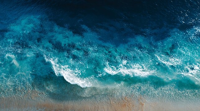 Aerial View of Turquoise Ocean Waves Crashing on Sandy Beach Shoreline with White Foamy Texture in Bright Sunlight