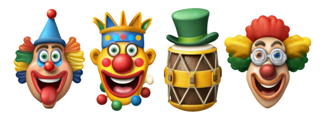 Colorful Cartoon Clowns and Drum in Fun Style with Isolated Transparent Background
