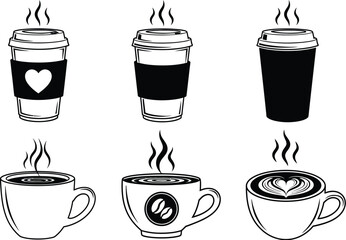 Obraz premium Coffee vector illustrations depicting coffee-to-go cups and mugs with hot drinks steaming. Line art isolated on transparent backdrop.