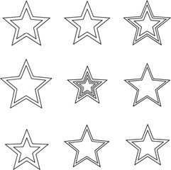 Collection of nine simple black and white outline star shapes of various sizes and styles