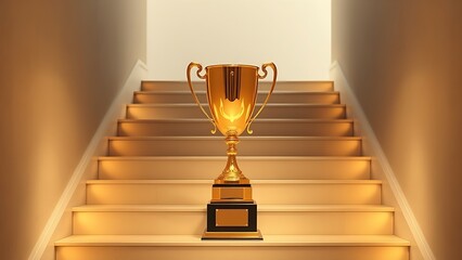 middleground. A golden trophy rests on a central staircase step, symbolizing achievement with elegant lighting and a minimalist polished metal surface. event key visuals.