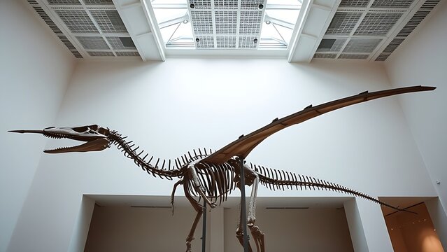 pteranodon. A pteranodon fossil skeleton is displayed against a clean white museum background. STEM education sheets, lab safety posters, designed for biotech research communications.