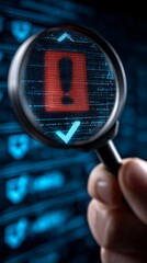 Artificial Intelligence Red Flag Checked Through Magnifying Glass on Blue Digital Data Stream Background
