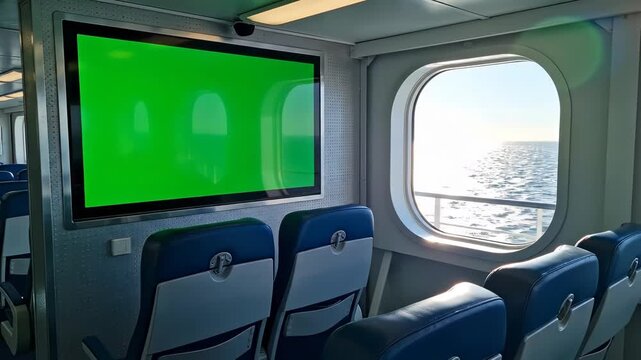 Passenger Ferry Interior with Green Screen Monitor and Ocean View Window