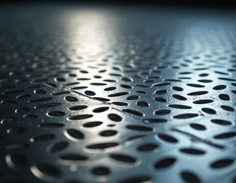 Perforated metal surface with oval holes. Stainless steel sheet has pattern with reflection, light gleam on material. Industrial background texture. - Powered by Adobe