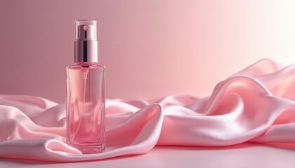 Elegant perfume bottle on pink silk cloth. Glass container with rose fragrance. Pink color theme for beauty product advertising campaign. Luxury cosmetic product for women.