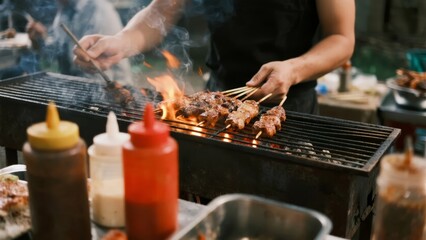 Person grilling skewered meat on a barbecue with flames and smoke, surrounded by condiment bottles.
