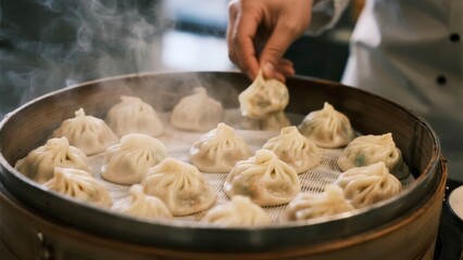 Steaming dumplings in a bamboo steamer with a hand placing one inside