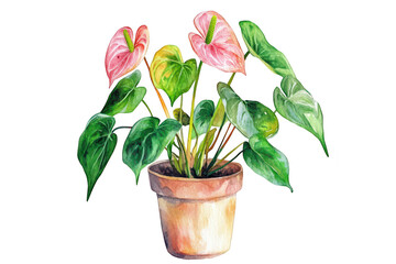 Naklejka premium A potted plant featuring colorful anthurium flowers with lush green leaves. set against a clean white background. ideal for home decor and gardening inspiration