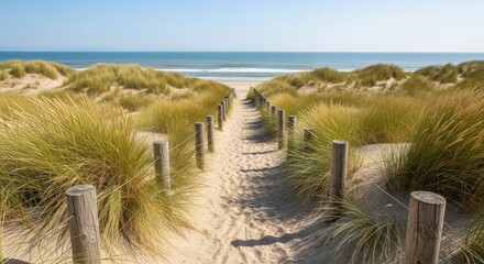 Sandy path through dunes, leading to the ocean under a clear blue sky