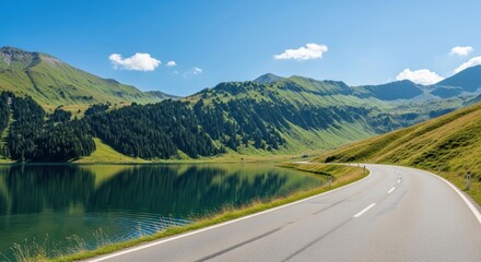 Scenic mountain road curves along a tranquil lake reflecting green hills
