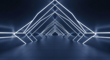 Futuristic neon triangle tunnel with glowing blue lights.