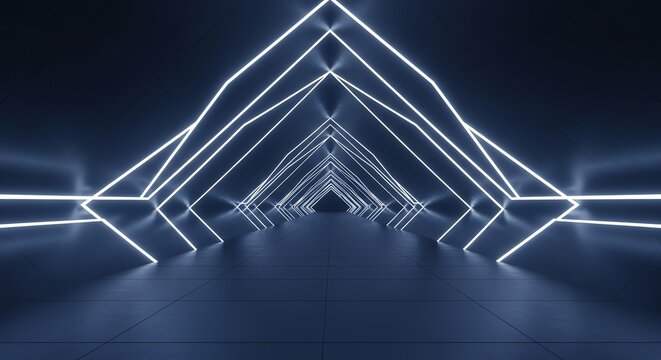 Futuristic neon triangle tunnel with glowing blue lights. - Powered by Adobe