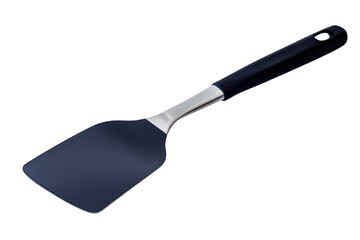 A sleek. modern spatula with a stainless steel head and ergonomic black handle. resting on a clean white surface. ideal for cooking. baking. and kitchen utensils photography
