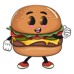 cute burger mascot character give a thumbs up, happy cartoon burger vector illustration, work of hand drawn