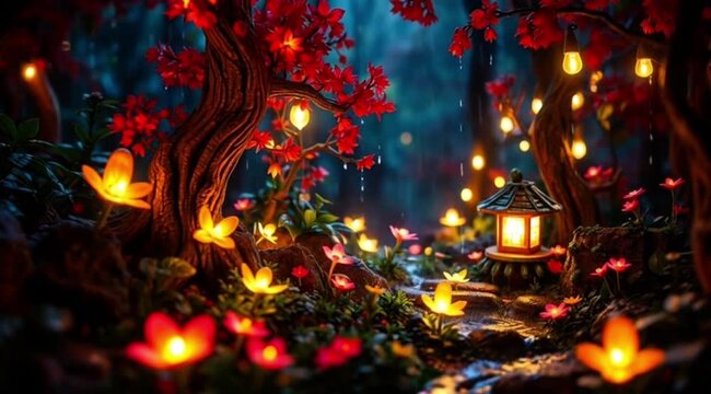 Forest path lined with glowing flowers and warm lantern lights beneath red leaf trees in peaceful magical night atmosphere