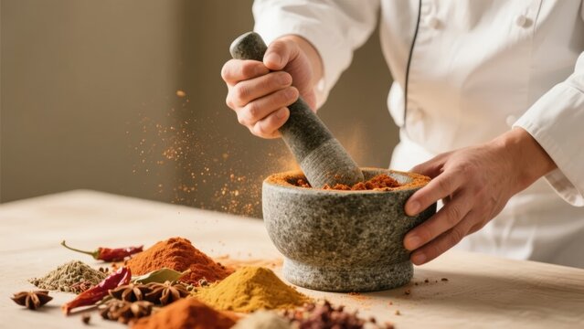 Chef grinding spices in a mortar and pestle with various colorful seasonings on a wooden table