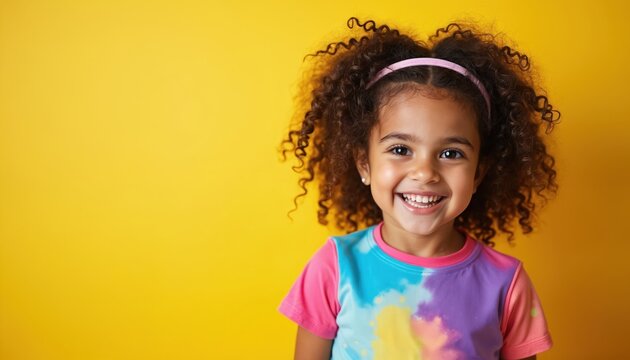 Smiling girl with curly hair, colorful shirt on yellow background. Young girl with afro curls, bright casual attire. Happy child with pink headband looking at camera. Portrait of little girl with