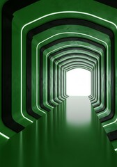 Naklejka premium Futuristic Geometric Tunnel with Neon Light, Green Color, Abstract Interior
