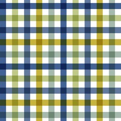 Seamless vector pattern of a blue, yellow, and green plaid or gingham textile design.