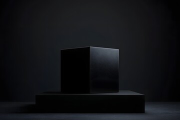 Minimal black background featuring a matte black cube for modern product mockup display.