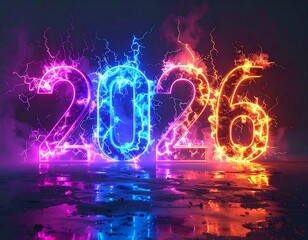 Illuminated 2026 numerals with a vibrant electricity effect