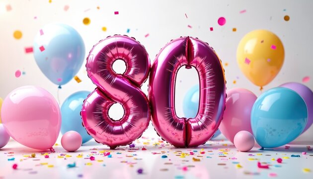 Image shows a vibrant birthday celebration. Big pink foil number 80 balloons in center. Balloons of many colors and confetti create festive mood. Perfect for a senior birthday or anniversary.
