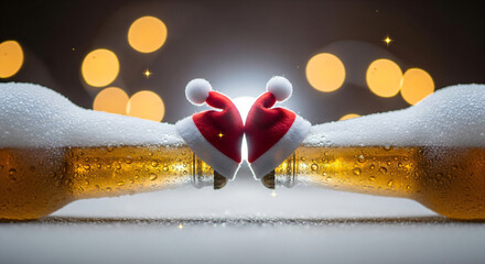 Two beer bottles wearing Santa hats clinking together, symbolizing a cheerful Christmas or holiday celebration. Winter party drink concept.