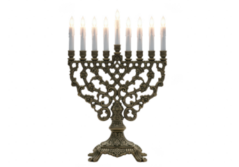 Ornate bronze menorah with nine lit candles isolated on transparent background