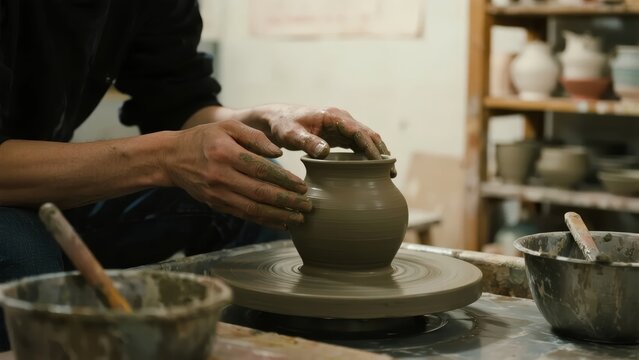 Person shaping clay pottery on a spinning wheel in a workshop