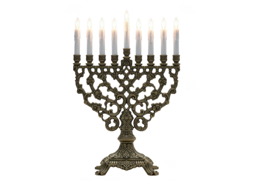 Ornate bronze menorah with nine lit candles isolated on transparent background
