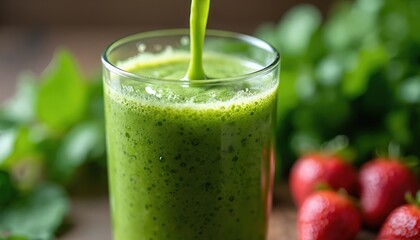 Green smoothie being poured into glass. Healthy drink made with fresh ingredients. Concept of a healthy lifestyle with nutritious beverage. Closeup view with fruit.