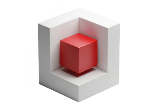 Red cube inside a larger white cube structure, isolated on transparent background