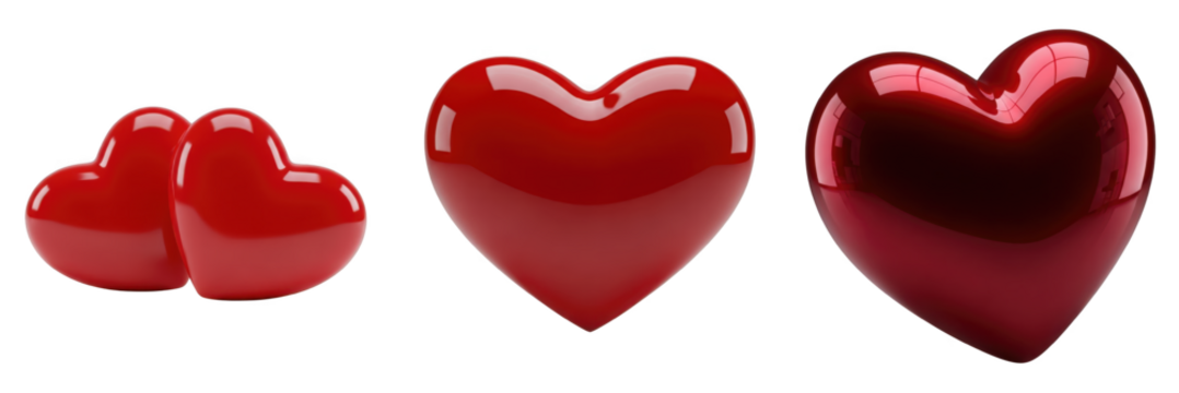 Collection of shiny red heart shapes of different sizes isolated on transparent background. Red 3D love set - Powered by Adobe
