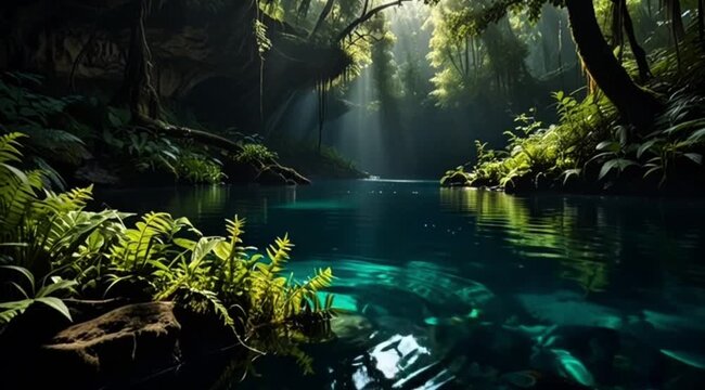 Calm blue forest lake reflects lush green plants and soft sunlight rays in peaceful natural wilderness landscape  Nature concept