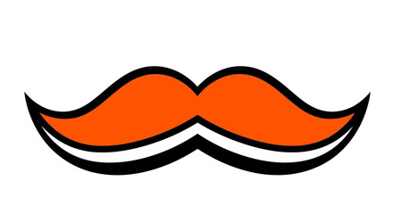 A stylized, vibrant orange mustache illustration with a bold, graphic design and a white outline, isolated on a white background