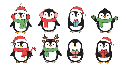 Collection of adorable Christmas penguins wearing festive winter accessories. Cute cartoon animal characters for holiday celebration
