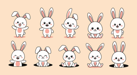 Fototapeta premium Adorable Cartoon Bunny Rabbits Collection for Design Elements and Easter Decorations