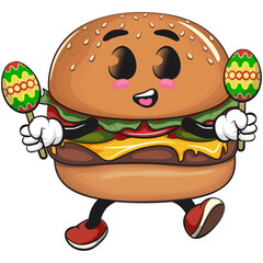 cute burger mascot character plays with maracas, happy cartoon burger vector illustration, work of hand drawn