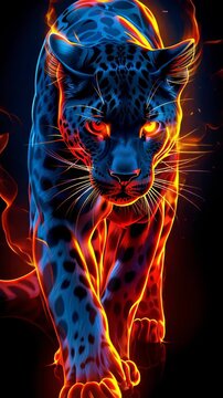 A striking depiction of a leopard with glowing neon blue and fiery orange accents, walking forward against a dark background. The intense gaze and vibrant colors evoke strength, energy, and determinat