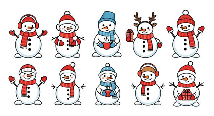 A delightful collection of ten cute cartoon snowman characters, each with unique winter accessories for Christmas and holiday celebrations