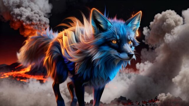 A glowing blue fox with a fiery, flame-like mane strides confidently through a smoky volcanic landscape. An erupting volcano with flowing lava and ash clouds creates a dramatic backdrop.