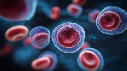 Red blood cell and stem cell under microscope. Scientific concept for medical research, biology education, and healthcare content.