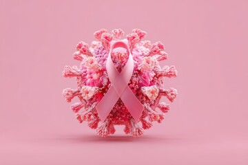 Pink ribbon over a 3D medical illustration of a cancer cell or tumor, representing breast cancer awareness and support for research, early detection, and treatment.