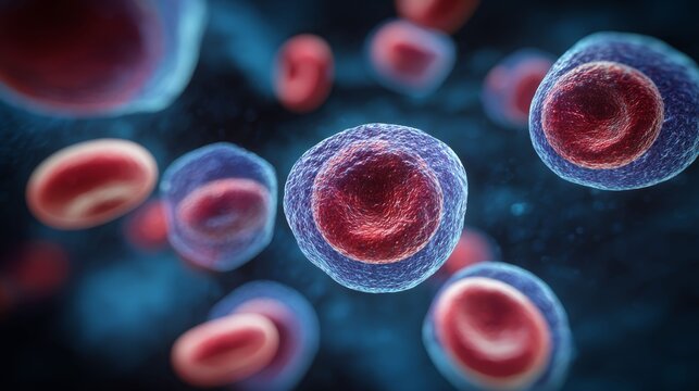 Red blood cell and stem cell under microscope. Scientific concept for medical research, biology education, and healthcare content.