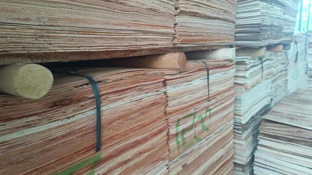 A stack of veneer sheets showcases the raw texture and grain of the wood. Perfect for illustrating construction, carpentry, or interior design projects. The earthy tones lend warmth.