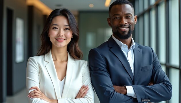Diverse business partners stand confidently indoors, arms crossed, looking pro. They represent teamwork and corporate success in a modern office environment.