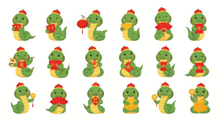 A collection of cute cartoon snakes celebrating the Chinese New Year. Set of zodiac serpent characters with traditional holiday symbols like red envelopes and gold ingots